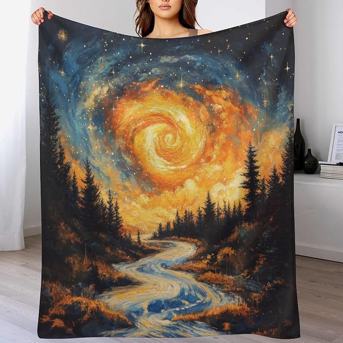 Magic Forest Blanket, Abstract Art Oil Painting Dreamworld River Jungle Sunset - Image 5