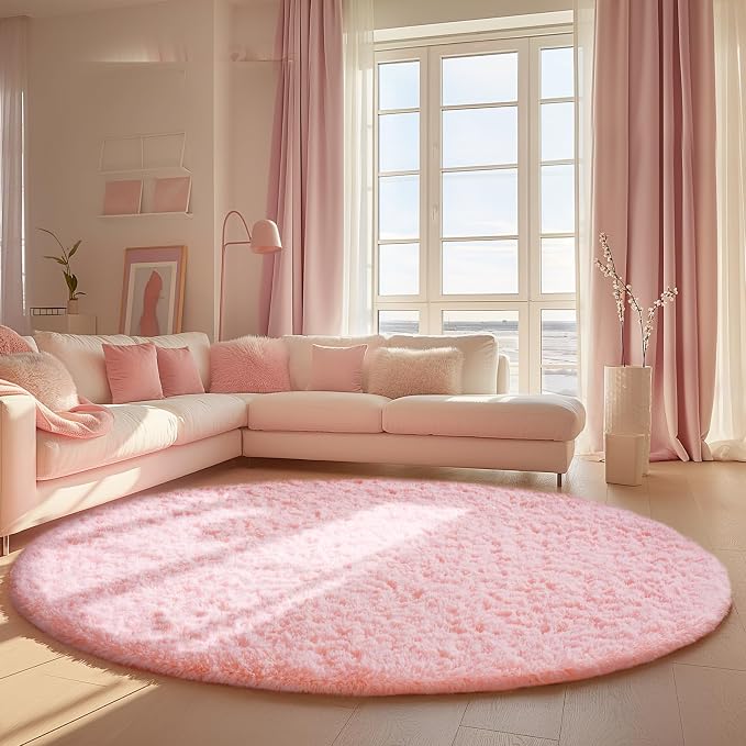 Ophanie Round Rugs 8Ft Pink Circle Area Rug, Fluffy Fuzzy Bedroom Carpet - Image 5