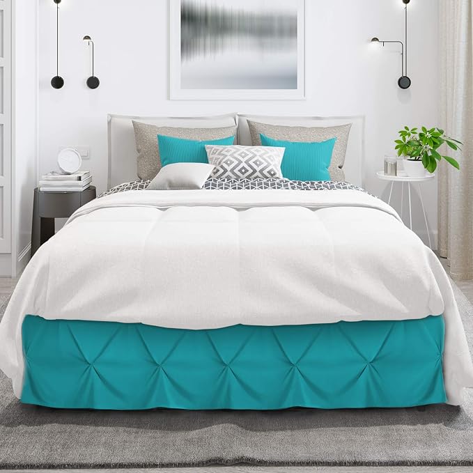 Nestl Teal Bed Skirt Full Size, Pinch Pleat Full Bed Skirt, Hotel Quality Teal - Image 2