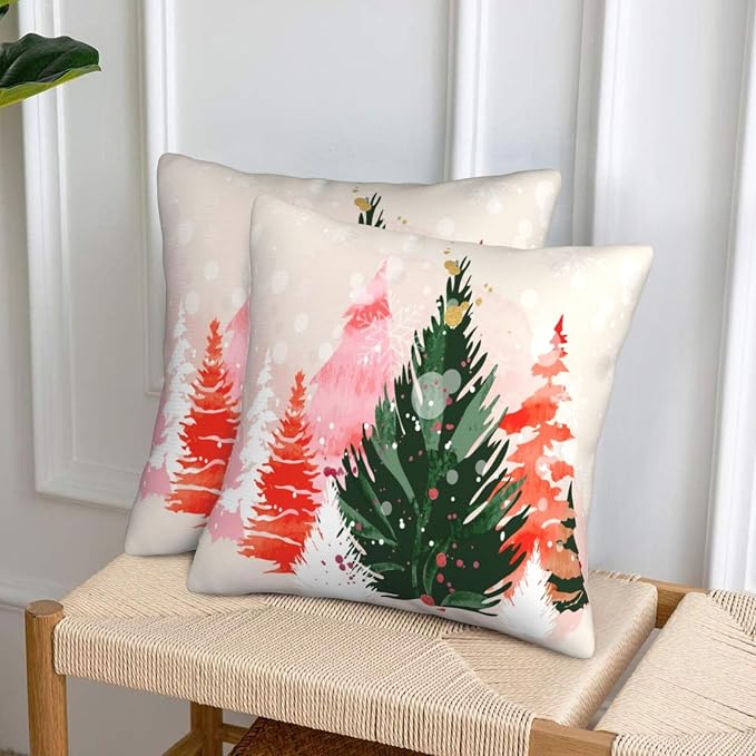 bassyil Christmas Tree Watercolor Throw Pillow Covers Decorative Linen Pillow - Image 6