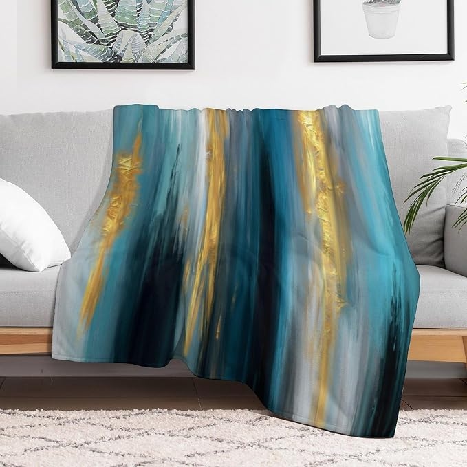 Fashion Gradient Blanket, Modern Abstract Art Gold Lake Blue Painting Strokes - Image 6