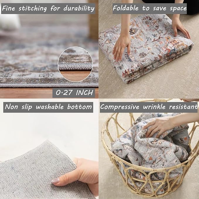 Area Rug 4x6 Washable Rug Brown Vintage Traditional Floor Cover Foldable Thin - Image 6