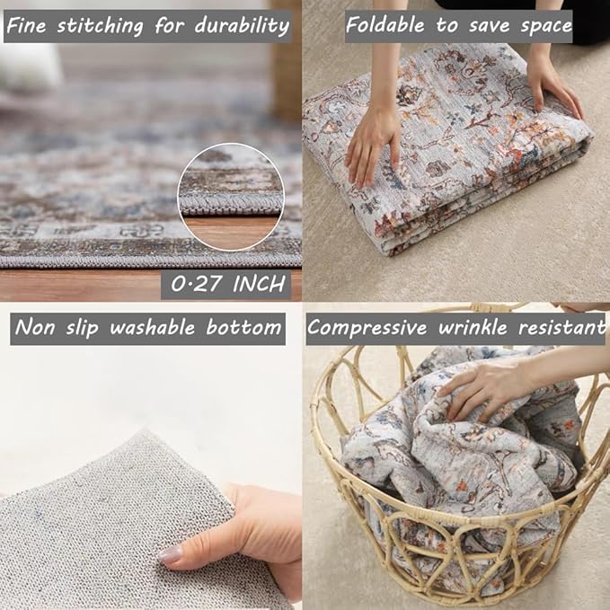 Area Rug 8x10 Washable Rug Tangerine Vintage Traditional Mat Distressed Indoor - Image 5