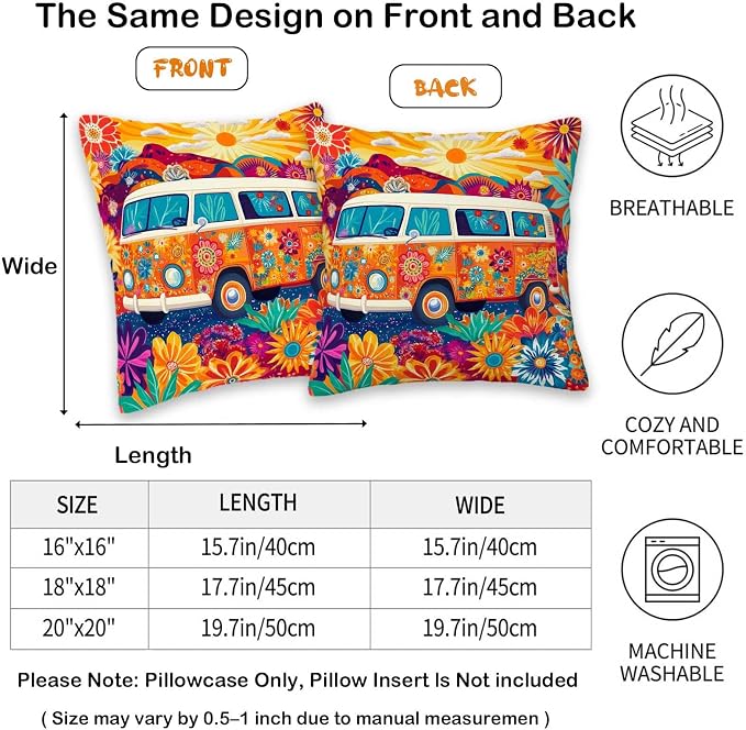 Hippie Van Throw Pillow Covers 18x18 Set of 2 | Home Decor Retro 1960s Cushion - Image 2