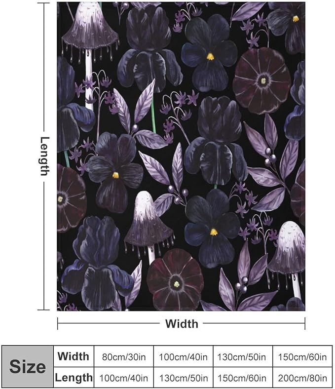 Gothic Floral Blanket, Vintage Abstract Black Purple Peony Flowers Mushroom - Image 2