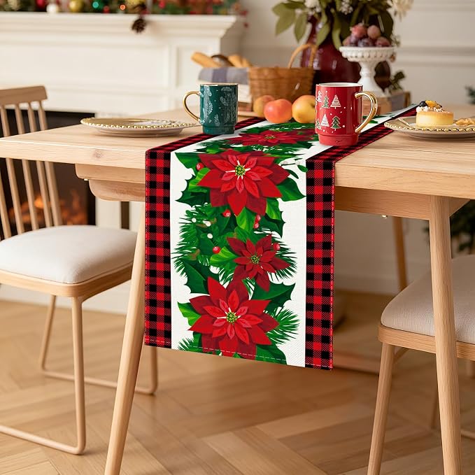 OTOSTAR Black and Red Buffalo Check Plaid Holly Christmas Flowers Table Runner - Image 8