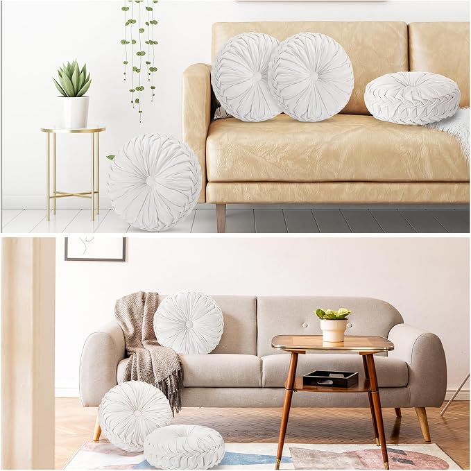 4 Pcs Round Throw Pillows 15 Inch Decorative Velvet Pleated Pumpkin Floor Boho - Image 6