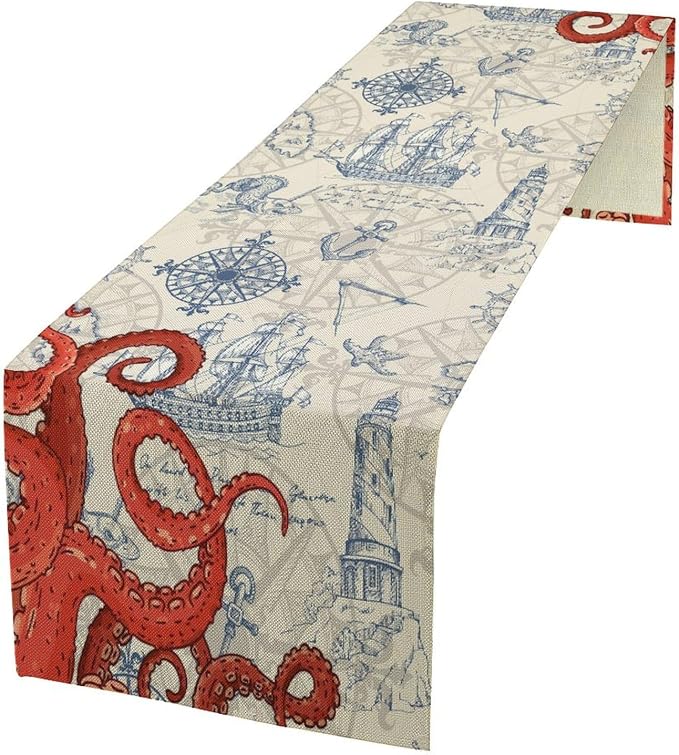 Nautical Red Octopus Table Runner Vintage Coastal Anchor Compass Ligthouse by moderw