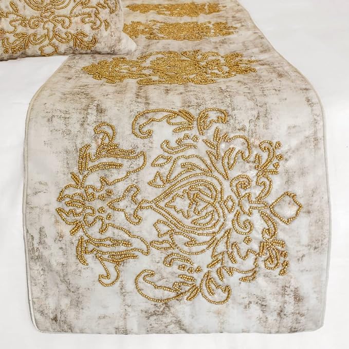 The HomeCentric King/Queen/Twin Ivory & Gold Designer CA King 86"x18" Bed - Image 4