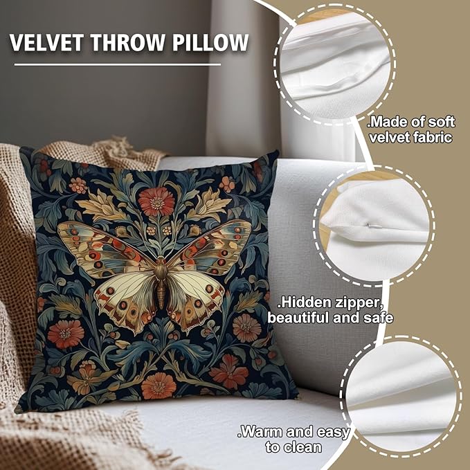 William Morris Abstract Vintage Floral Velvet Butterfly Design Throw Pillow - Image 2