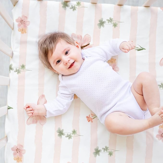 Nap Mat Sheet 47"x24", 3 Pack Pink Floral Baby Crib Sheets Fitted Elastic - Image 2