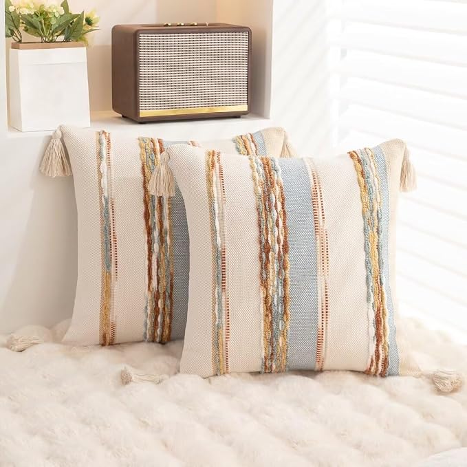 Boho Throw Pillow Covers 18x18 Set of 2 Woven Tufted Farmhouse Pillows Cover - Image 4