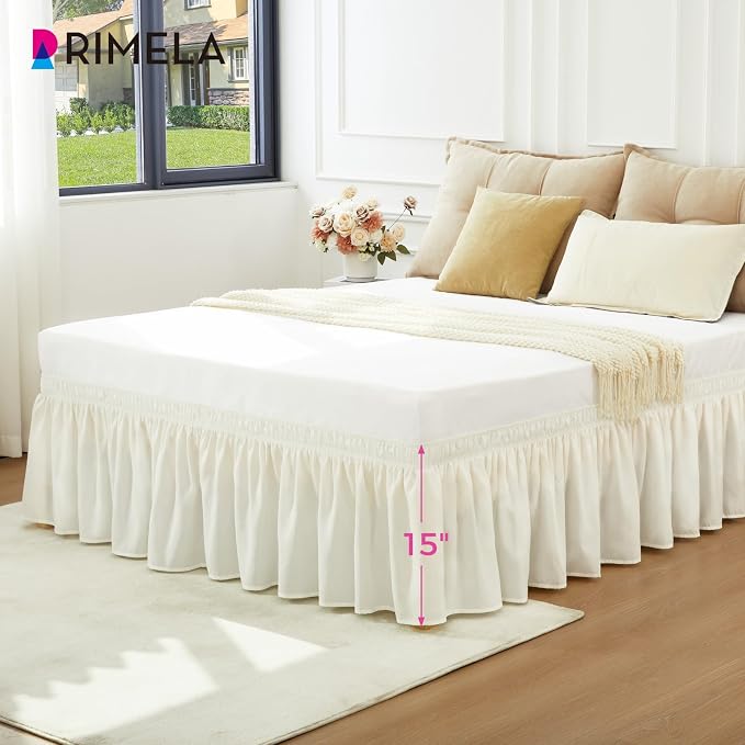 RIMELA Cream King Size Bed Skirt 15 Inch Drop, Elastic Bed Skirts Cal King Dust - Image 3