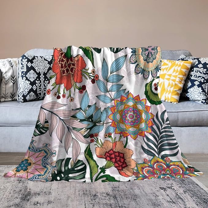 Boho Flowers Blanket for Women Girls, Rustic Bohemian Mandala Palm Leaves - Image 6