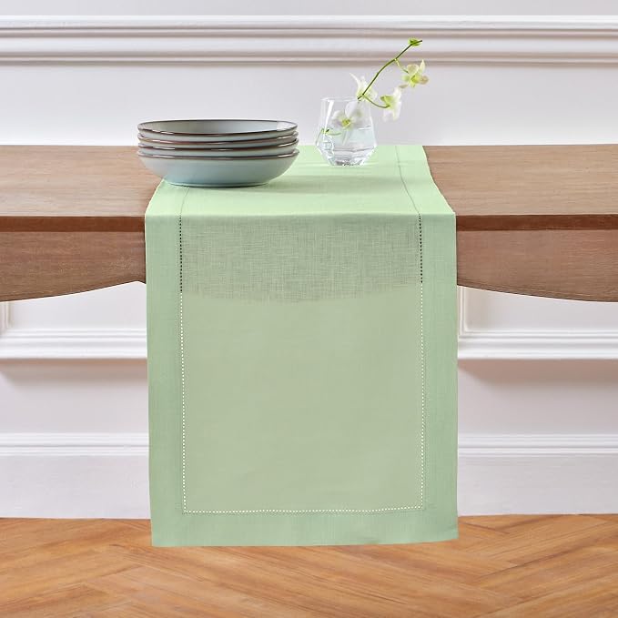 Solino Home Linen Light Green Hemstitch Table Runner 48 Inches by SolinoHome