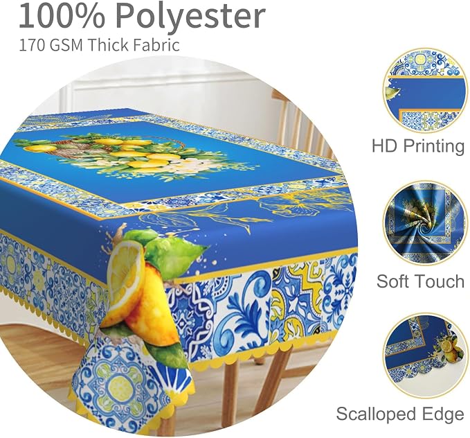 52x70inches Blue and Yellow Rectangle Tablecloth Summer Fruit Lemon Boho Floral - Image 3