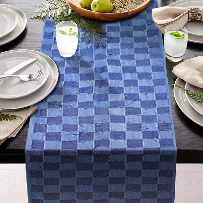 AAYU Denim Table / Bed Runner, Hand Fringed Tape Hand Weaved | 18 Inch X 108 - Image 2