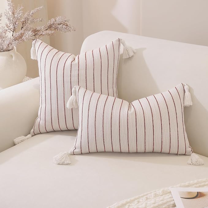 Boho Throw Pillow Covers 20x20 Inch Set of 2, Wine Red Textured Linen Striped - Image 2