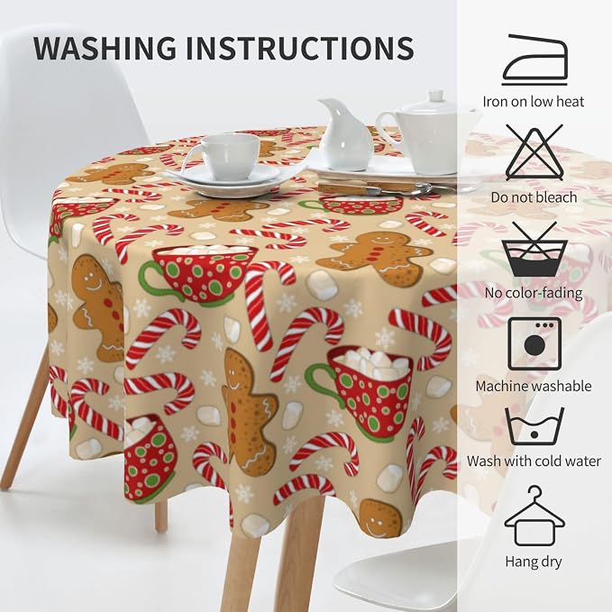 Christmas Tablecloth Round 70×70 Inch, Gingerbread Man Candy Cane Holiday - Image 4
