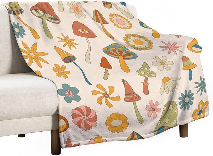 70s Mushroom Throw Blanket, Retro 60s Groovy Mushroom Boho Hippie Flowers Print by JanJCurt