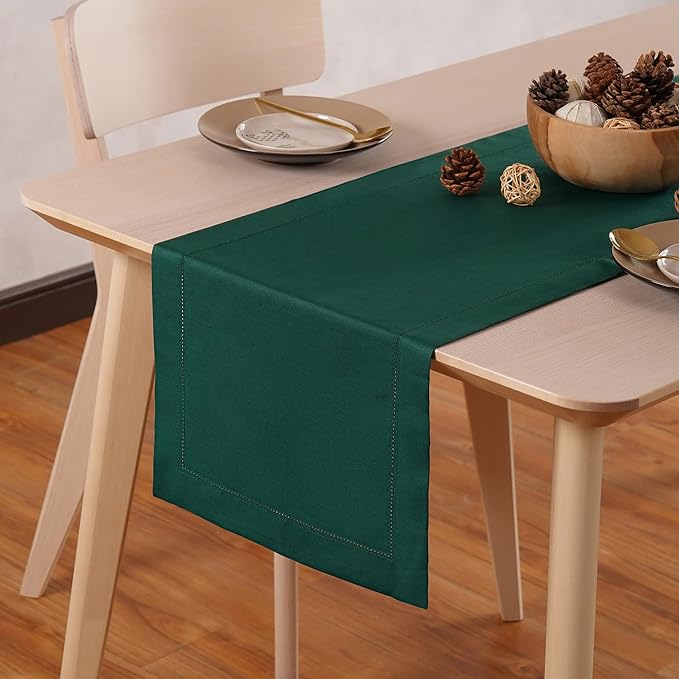 Home Ekaa Green Cotton Linen Table Runner 90 Inch – Washable Hemstitch by HomeEkaa