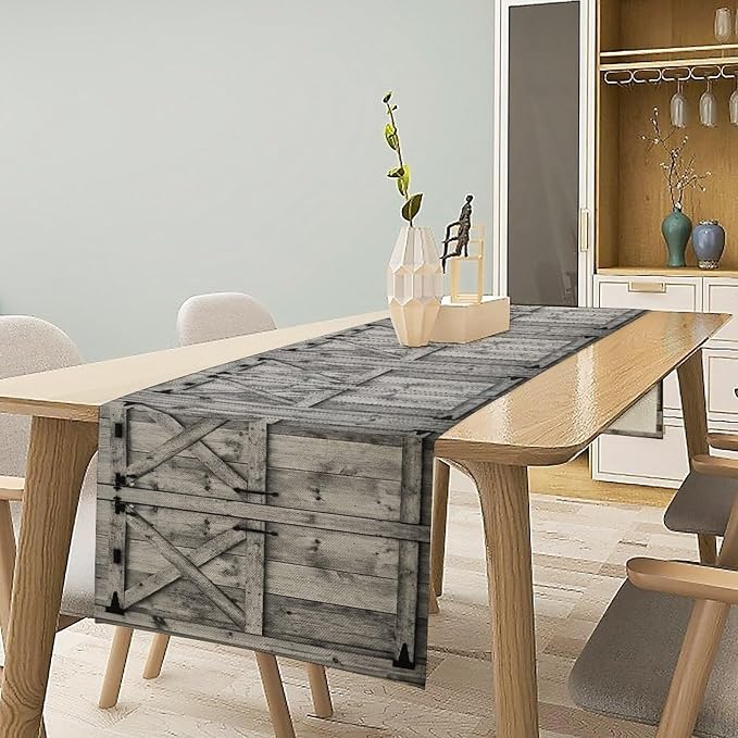 Rustic Barn Door Table Runner Farmhouse Wooden Door Wood Vintage Theme Print - Image 3