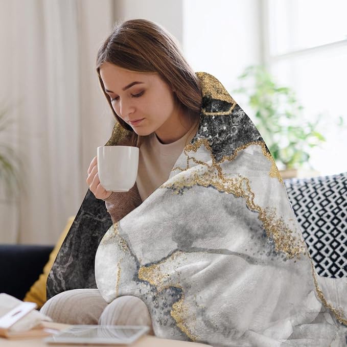 Modern Marble Blanket, Abstract Luxury Baroque Golden Black White Stone Veins - Image 7