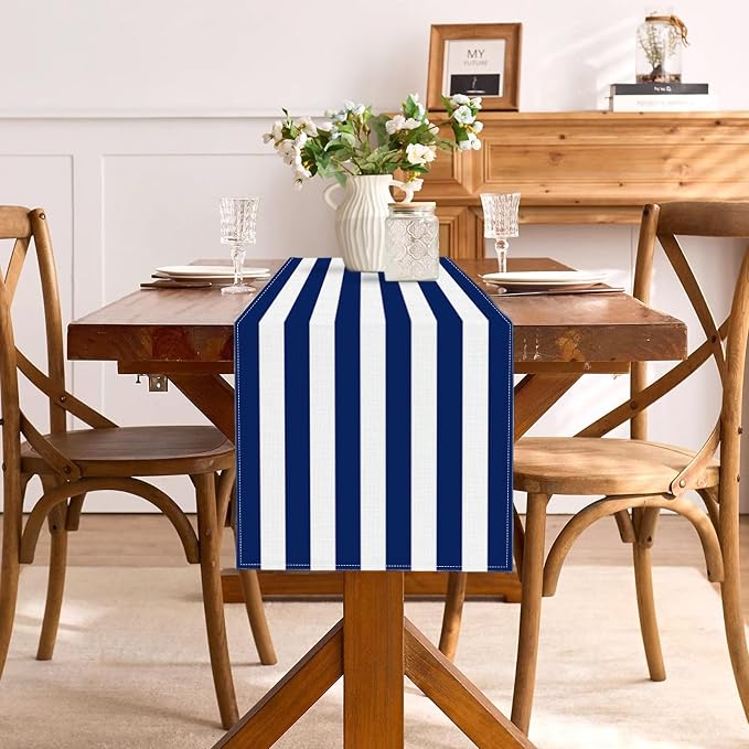Navy Blue and White Striped Table Runner Nautical Theme Birthday Party - Image 3