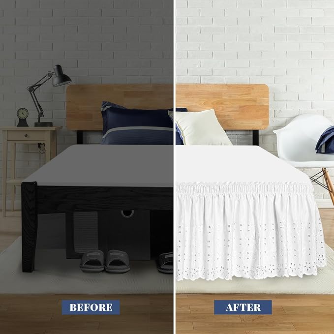 Queen Bed Skirt, Wrap-Around Elastic Ruffled Eyelet Bed Skirt Queen Size Dust - Image 3