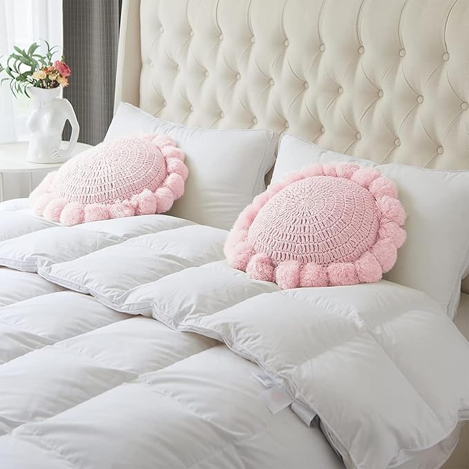 Boho Round Throw Pillow with Cute Handmade Pom Poms Tassels 18 Inch, Decorative - Image 4