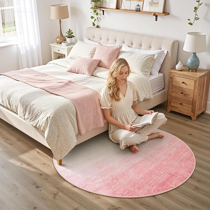 Wonnitar Modern Ombre Pink 5ft Round Rug, Non-Slip Washable Living Room Rugs - Image 3