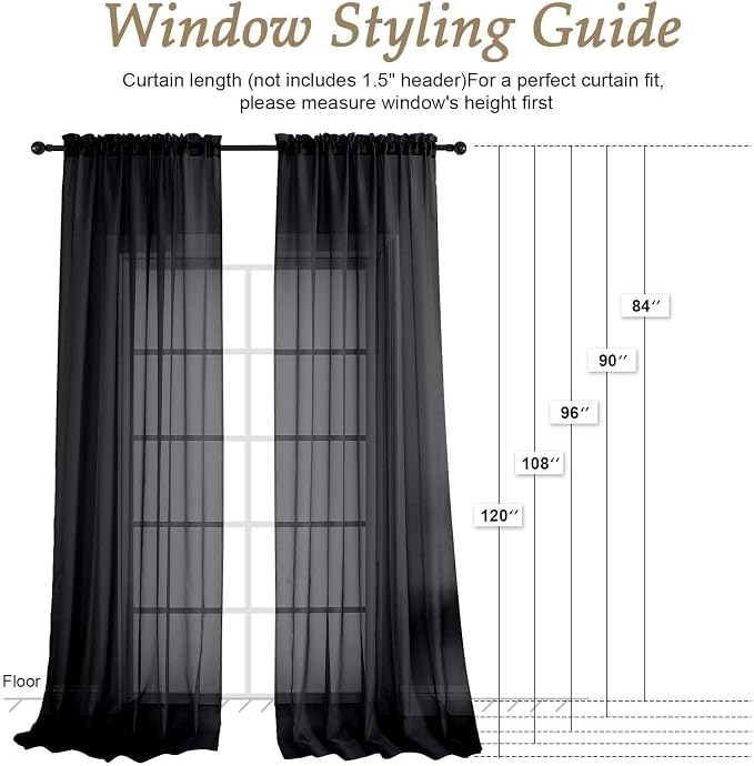 OVZME Black Sheer Curtains 120 Inches Long 2 Panels Set, 59 Inch Extra Wide - Image 2