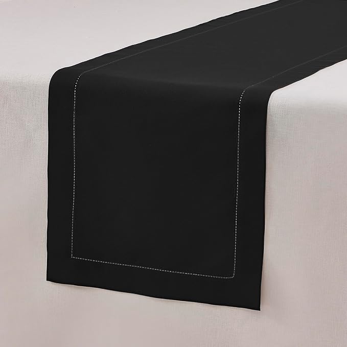 Home Ekaa Black Table Runner 90 Inch–Cotton Linen Hemstitch Washable Table - Image 5