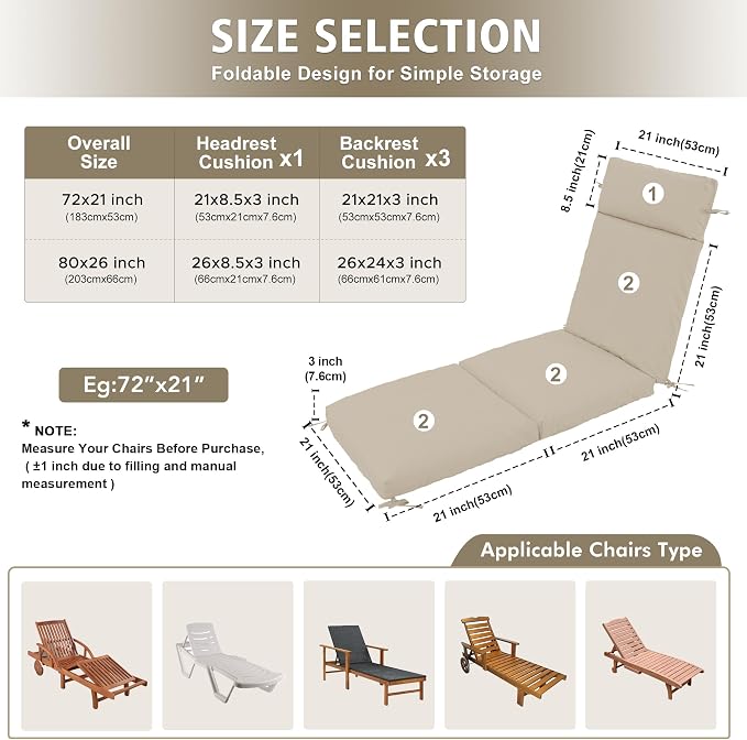 Chaise Lounge Cushion 80x26x3 Inch ?Set of 2 Outdoor Lounge Chair Cushions - Image 2