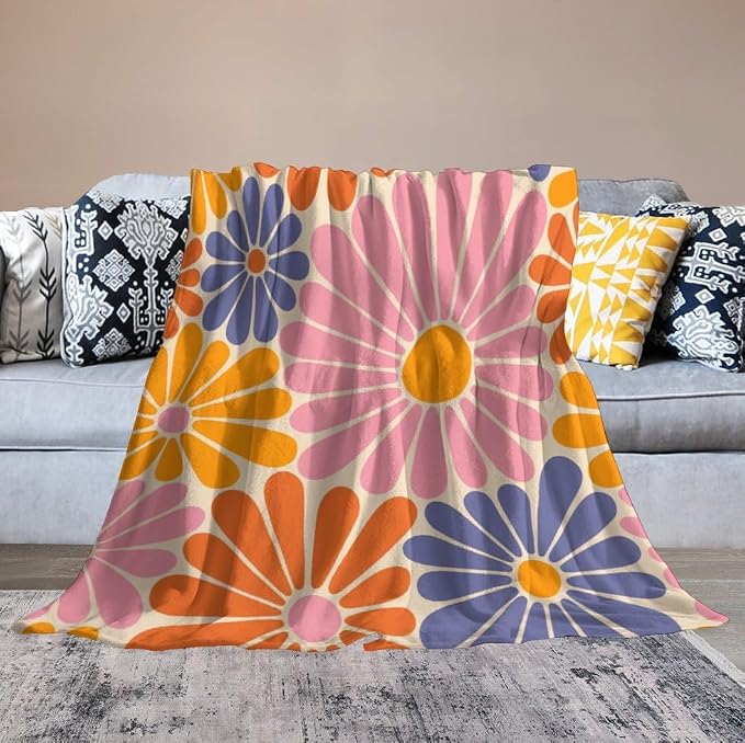 1970s Hippie Floral Throw Blanket, Retro Orange Pink Blue Flower Boho Groovy - Image 6