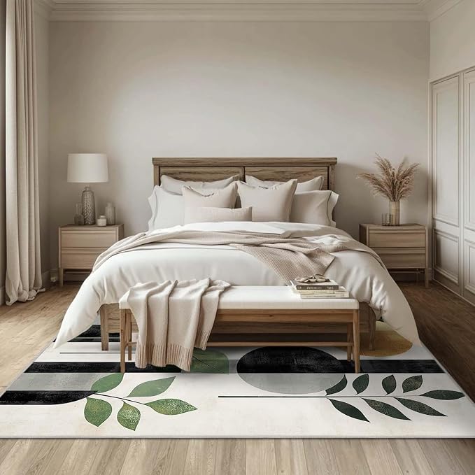 6x9 Boho Area Rug Green Leaf Black White Golden Rug Non Slip Low Pile Large - Image 3