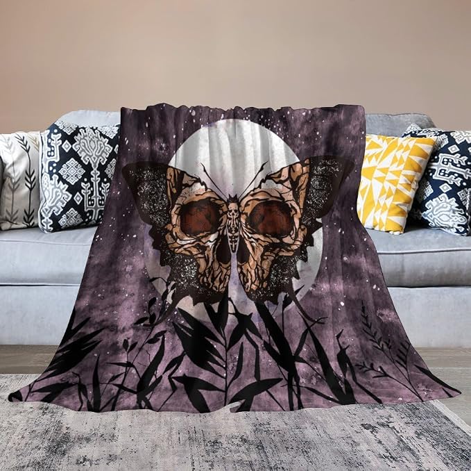 Death Moth Blanket, Boho Gothic Skull Moth Purple Starry Plant Full Moon - Image 6