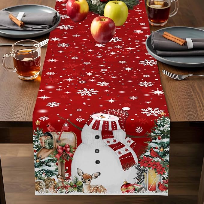 Red Snowman Christmas Table Runner, 13x108 Inch, Xmas Tree Table Runners Elk - Image 9