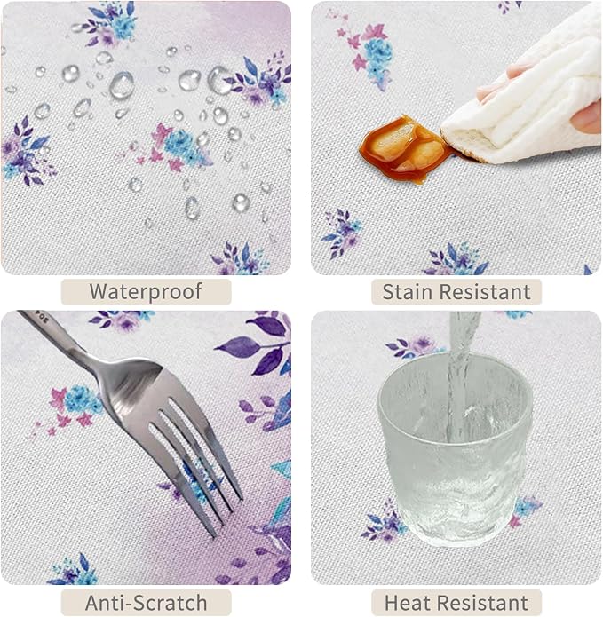 70x90inches Floral Rectangle Tablecloth Watercolor Purple Blue Flowers Printed - Image 4