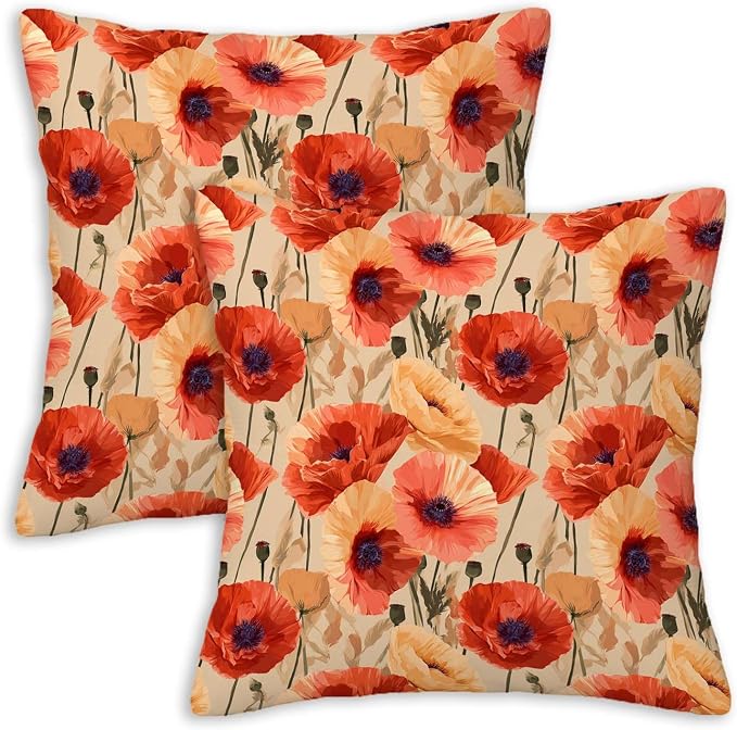 Floral Throw Pillow Covers Set of 2 | Poppy Flower Print Decorative Cushion by Unknown