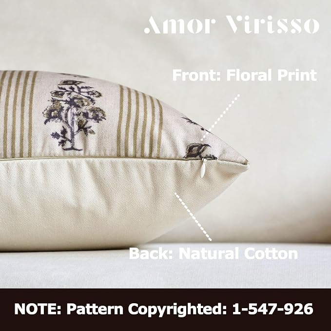 Amor Virisso Floral Throw Pillow Covers 20x20 Set of 2 Block Print Pillow - Image 2