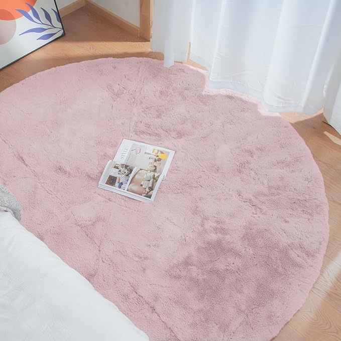 Pink Round Rug 5ft Washable Fluffy Faux Rabbit Fur Area Rugs - Image 2