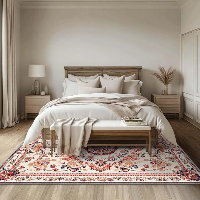 6x9 Traditional Oriental Area Rug Boho Orange White Rug Non Slip Low Pile Large - Image 3