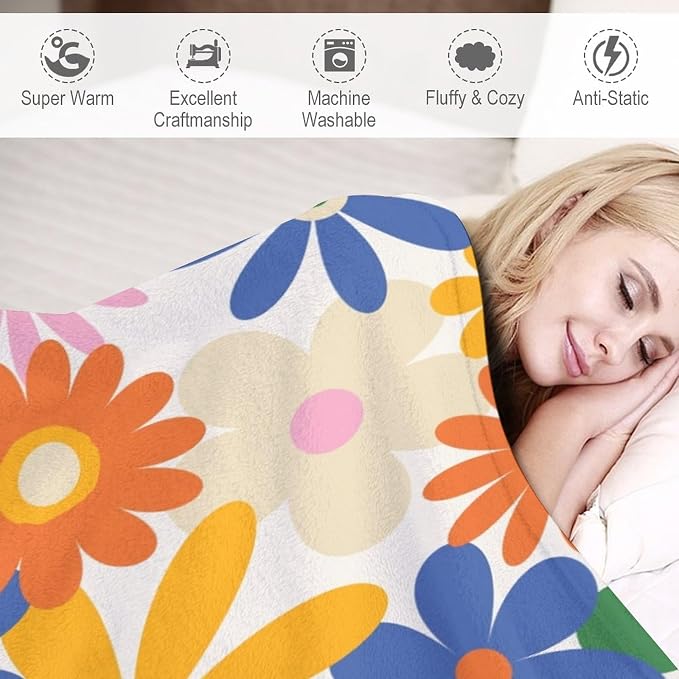 70s Retro Flower Throw Blanket, 60s Vintage Groovy Daisy Flowers Boho Hippie - Image 4