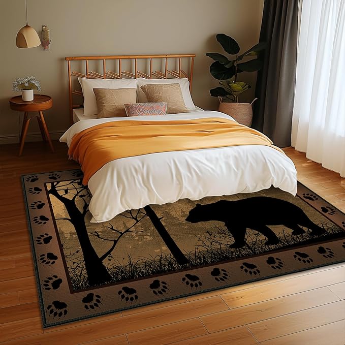 Rustic Area Rug 5x7, Bear Country Cabin Wildlife, Ultra-Thin Washable Throw - Image 3