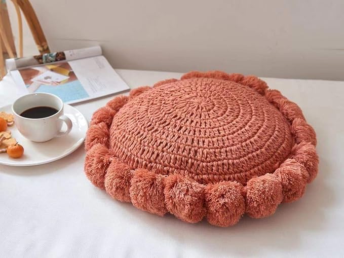 Boho Round Throw Pillow with Pom Poms Fringe Tassels, Bohemian Cute Decorative - Image 2
