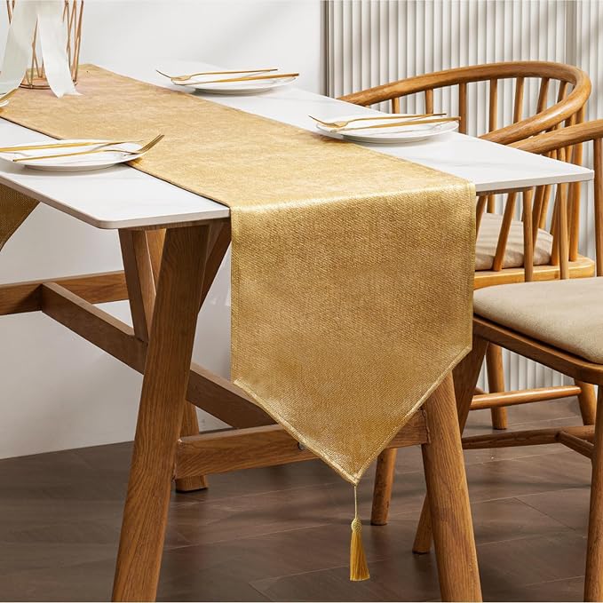 BALCONY & FALCON Gold Table Runner Lustrous Linen 14"x118" Water Resistant by BALCONYFALCON