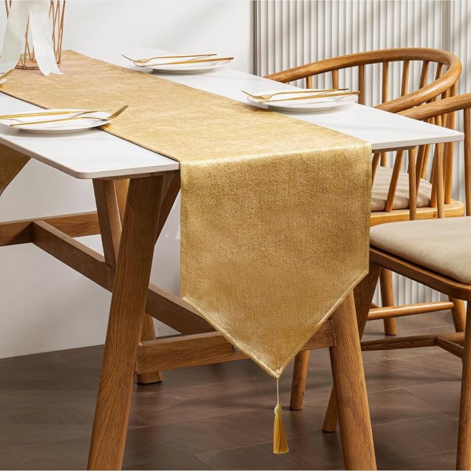 BALCONY & FALCON Gold Table Runner Lustrous Linen 14"x95" Water Resistant by BALCONYFALCON