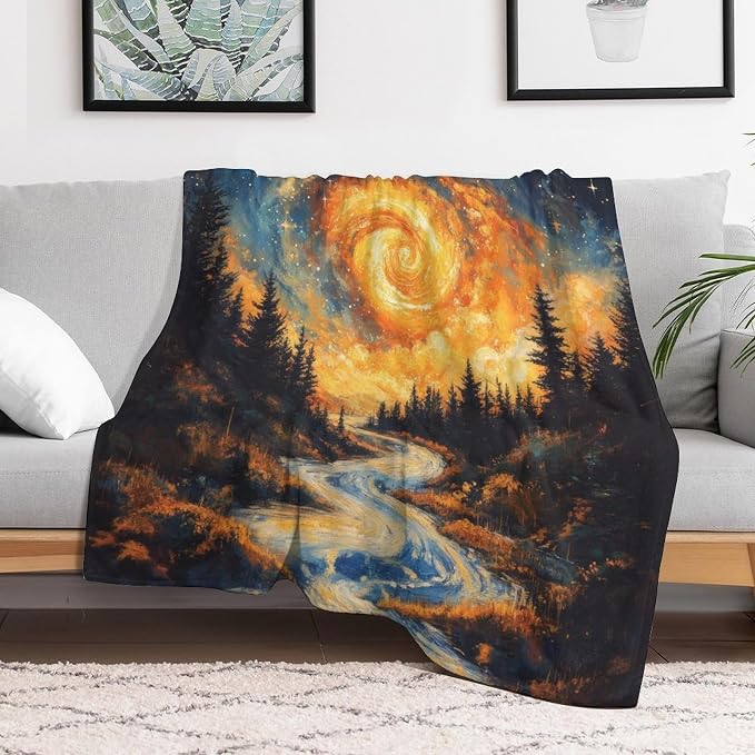 Magic Forest Blanket, Abstract Art Oil Painting Dreamworld River Jungle Sunset - Image 6