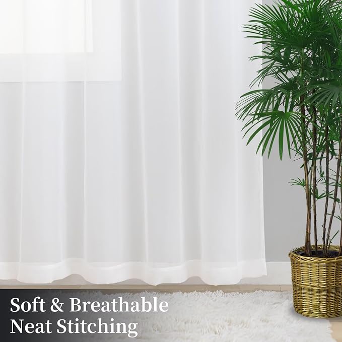 White Sheer Curtains 63 Inches Long 2 Panels, Rod Pocket Short Curtain - Image 8